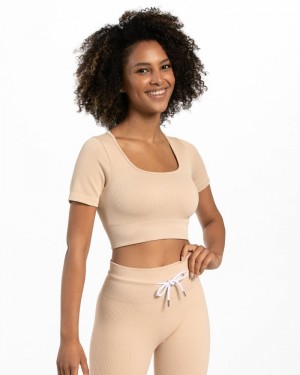 Teveo Gerippt Crop Oberteile Damen Beige | DTV-6484