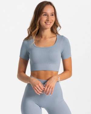 Teveo Gerippt Crop Oberteile Damen Grau Blau | SUF-8342