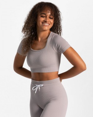 Teveo Gerippt Crop Oberteile Damen Grau | RCZ-6580