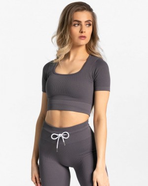 Teveo Gerippt Crop Oberteile Damen Grau | WOH-8931