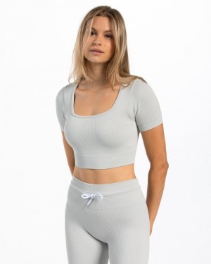 Teveo Gerippt Crop Oberteile Damen Hellgrau | ALD-0564