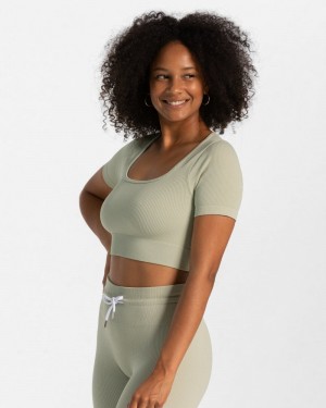 Teveo Gerippt Crop Oberteile Damen Olivgrün | KYM-9681