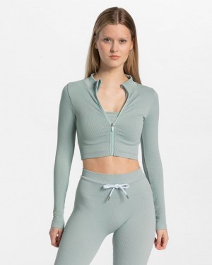 Teveo Gerippt Zip Jacken Damen Blau | MAL-7912