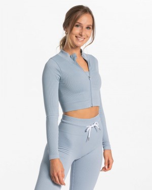 Teveo Gerippt Zip Jacken Damen Grau Blau | HPV-5634