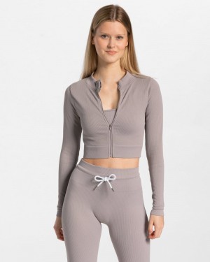 Teveo Gerippt Zip Jacken Damen Grau | PSJ-0932