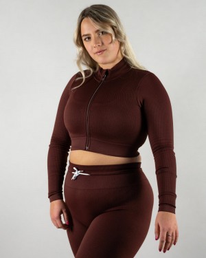 Teveo Gerippt Zip Jacken Damen Mahogany | XXG-8926