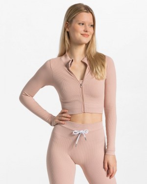Teveo Gerippt Zip Jacken Damen Rosa | IMF-3098