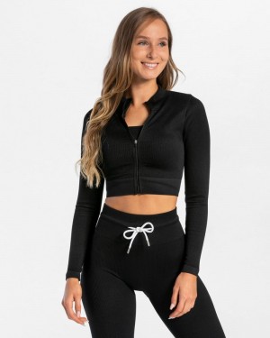 Teveo Gerippt Zip Jacken Damen Schwarz | LZG-9190