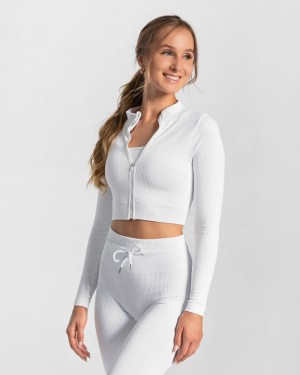 Teveo Gerippt Zip Jacken Damen Weiß | SSE-2225